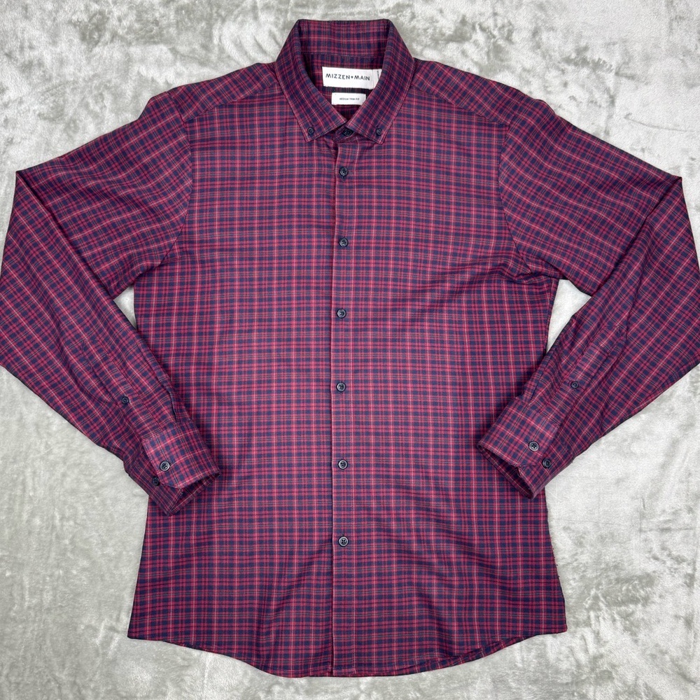 Mizzen+Main Men’s Wallace Shirt Trim Fit Button Down Red Navy Blue Plaid Medium